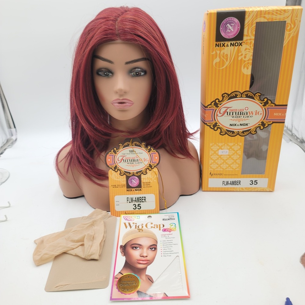 Nix & Nox Futura Wig Swiss Lace Wide Lace FLW-Amber Color 35 Red Heat Safe Wig